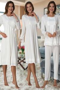 Effortt - Hamile Lohusa Sabahlıklı Gecelik ve Pijama Takım 4 Lü Set