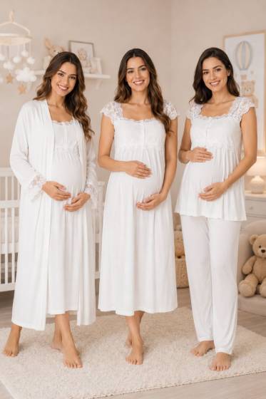 Effortt - Hamile Lohusa Sabahlıklı Gecelik ve Pijama 4 Lü Takım