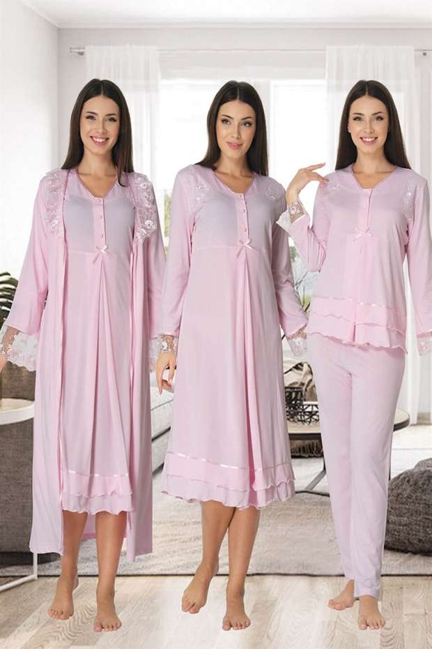 Hamile Lohusa Sabahlıklı Gecelik ve Pijama Takımı Lohusa Set