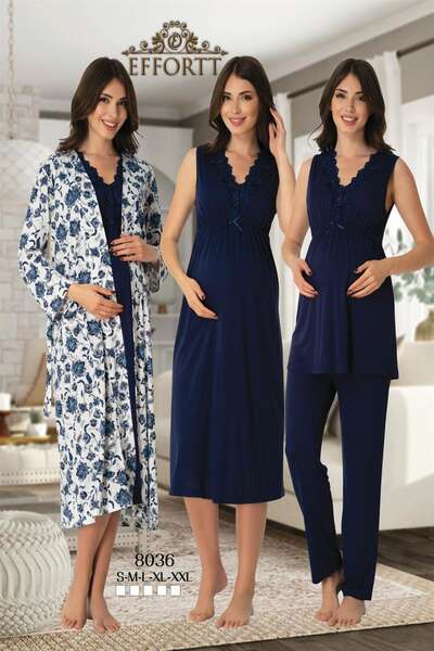 Effortt - Hamile Lohusa Sabahlıklı Pijama Gecelik Takımı 4 lü Set