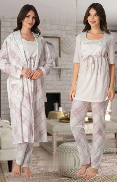 Effortt - Hamile Lohusa Sabahlıklı Pijama Takım 3lü Set (1)