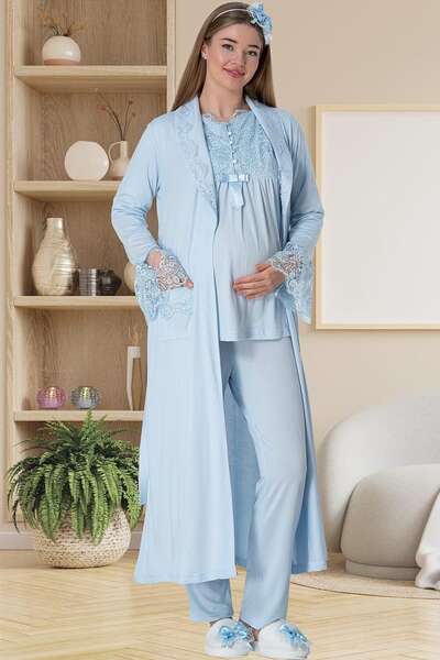 Hamile Lohusa Sabahlıklı Pijama Takımı 3lü Set