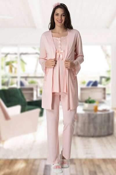 Hamile Lohusa Sabahlıklı Pijama Takımı 3lü Set