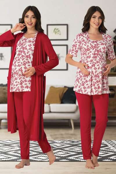 Hamile Lohusa Sabahlıklı Pijama Takımı 3lü Set