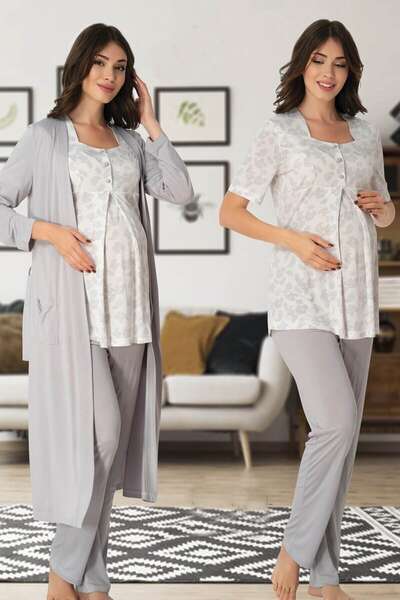 Effortt - Hamile Lohusa Sabahlıklı Pijama Takımı 3lü Set (1)