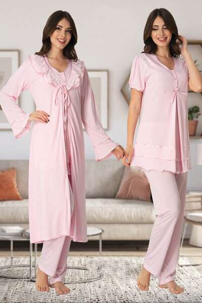 Hamile Lohusa Sabahlıklı Pijama Takımı 3lü Set