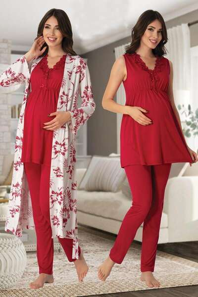 Effortt - Hamile Lohusa Sabahlıklı Pijama Takımı 3lü Set (1)