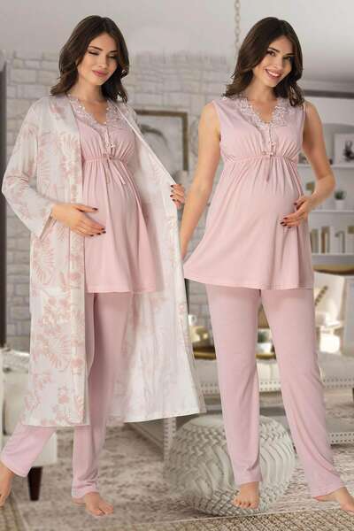 Hamile Lohusa Sabahlıklı Pijama Takımı 3lü Set