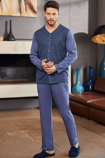 İndigo Mavi Büyük Beden Jakarlı Erkek Pijama Takım