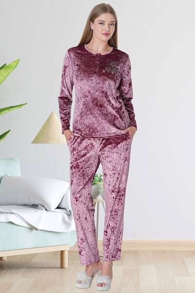 Kadife Kadın Uzun Kollu Pijama Takımı