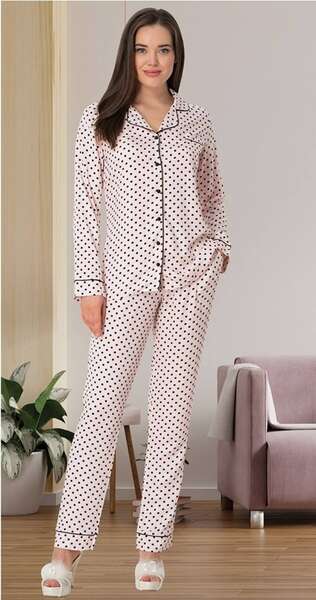 Kadın Somon Büyük Beden Puantiyeli Pijama Takımı
