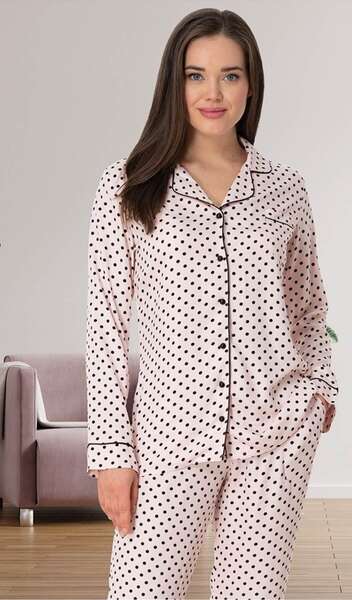 Kadın Somon Büyük Beden Puantiyeli Pijama Takımı