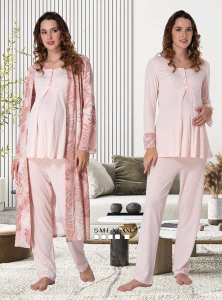 Kadın Hamile Lohusa Uzun Kollu Sabahlıklı Pijama Takımı