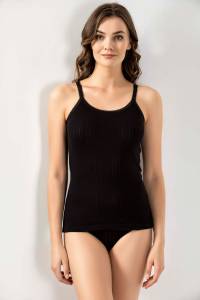 Öztaş - Kadın Siyah Pamuklu Jakarlı Ribana İp Askılı Atlet