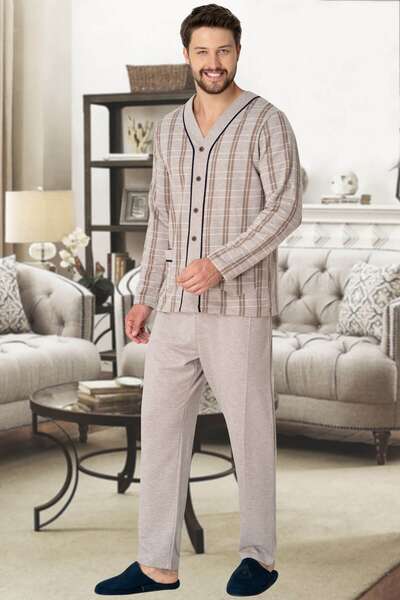 Kahverengi Büyük Beden Düğmeli Erkek Pijama Takım