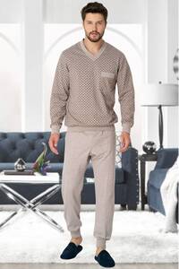 Mecit Pijama - Kahverengi Büyük Beden V Yaka Erkek Pijama Takım