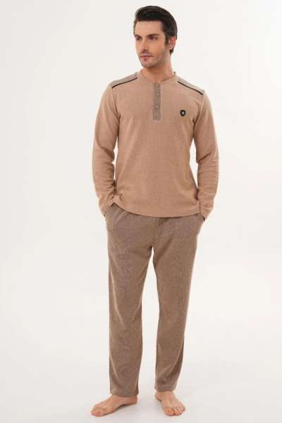 Kahverengi Selanik Kumaş Kışlık Erkek Pijama Takımı