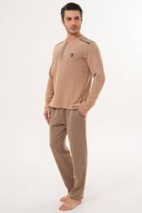 Kahverengi Selanik Kumaş Kışlık Erkek Pijama Takımı - Thumbnail