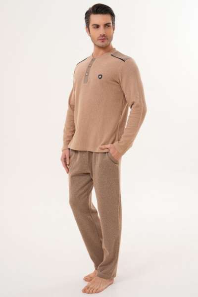 Kahverengi Selanik Kumaş Kışlık Erkek Pijama Takımı