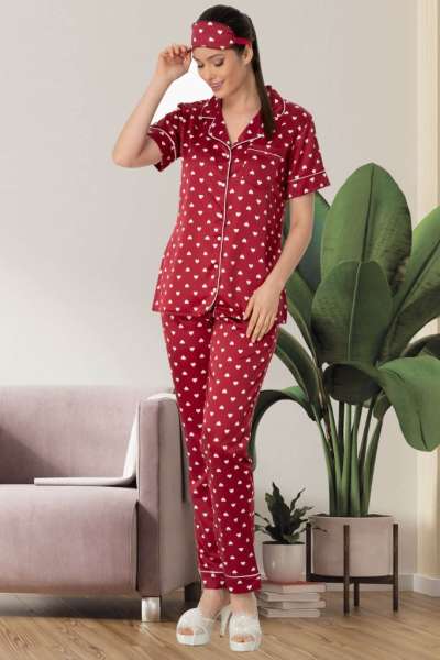 Kalp Desenli Kırmızı Saten Pijama Takımı