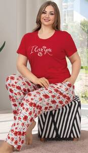 Kırmızı Çiçekli Büyük Beden Pijama Takımı - Thumbnail