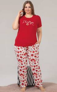 Kırmızı Çiçekli Büyük Beden Pijama Takımı - Thumbnail
