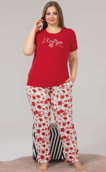Kırmızı Çiçekli Büyük Beden Pijama Takımı