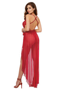 Kırmızı Dantel Detaylı Fantazi Şifon Gecelik Takım - Thumbnail