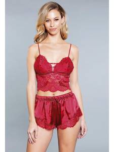 Kırmızı Dantelli Saten Atlet Şort Takım - Thumbnail