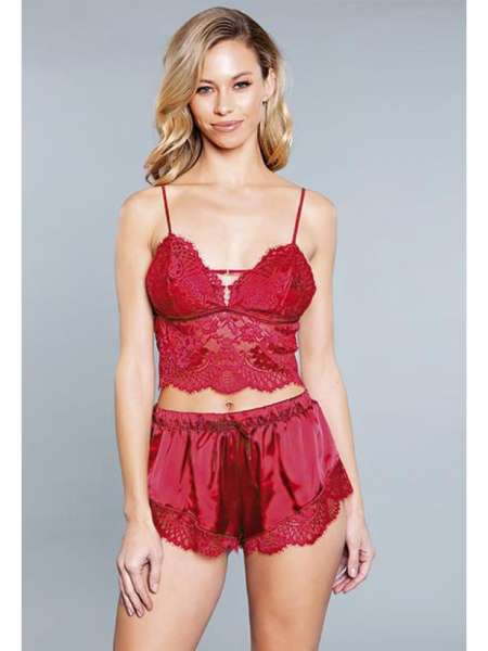 Kırmızı Dantelli Saten Atlet Şort Takım