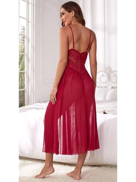 Kırmızı Dantelli Uzun Tül Fantezi Gecelik
