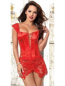 Kırmızı Deri Dantelli Seksi Fantezi Büstiyer Takım - Thumbnail