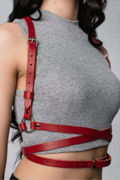 by İGP - Kırmızı Harness Deri Askılı Kemer (1)