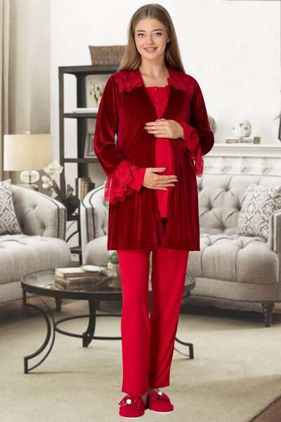 Kırmızı Kadife Sabahlıklı Hamile Pijama Takımı