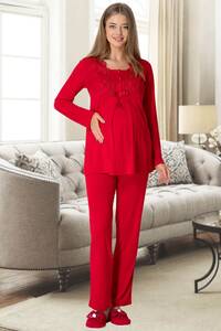 Kırmızı Kadife Sabahlıklı Hamile Pijama Takımı - Thumbnail