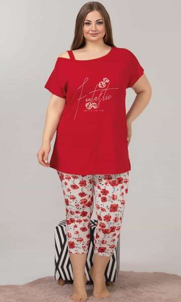 Lady - Kırmızı Omuz Dekolte Büyük Beden Kapri Pijama Takımı (1)