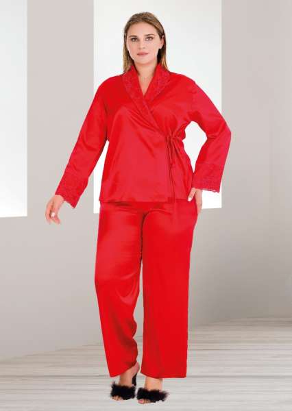 Kırmızı Saten Kruvaze Büyük Beden Uzun Kollu Pijama Takımı