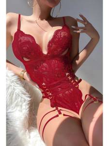 Kırmızı Seksi Dantelli Fantazi Jartiyerli Body Suit - Thumbnail