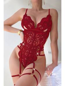 Kırmızı Seksi Dantelli Fantazi Jartiyerli Body Suit - Thumbnail