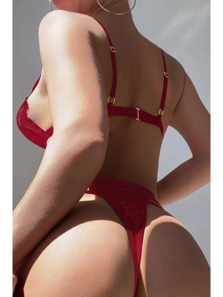 Kırmızı Seksi Dantelli Fantazi Jartiyerli Body Suit
