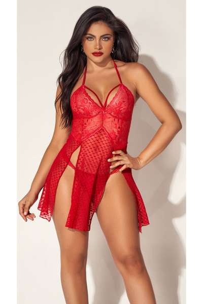 Kırmızı Seksi Fantezi Dantel Gecelik Takım