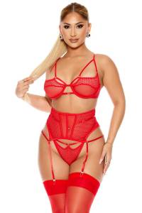 Kırmızı Seksi Fantezi Dantel Jartiyerli Mayokini Body - Thumbnail