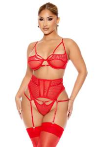 Kırmızı Seksi Fantezi Dantel Jartiyerli Mayokini Body - Thumbnail