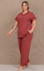 Kısa Kol Dantelli Yazlık Büyük Beden (Battal Boy) Pijama Takımı - Thumbnail