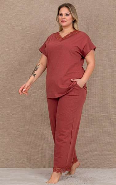 Kısa Kol Dantelli Yazlık Büyük Beden (Battal Boy) Pijama Takımı