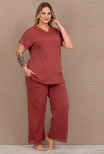 Kısa Kol Dantelli Yazlık Büyük Beden (Battal Boy) Pijama Takımı - Thumbnail