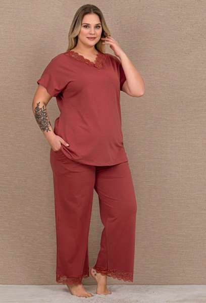 Kısa Kol Dantelli Yazlık Büyük Beden (Battal Boy) Pijama Takımı