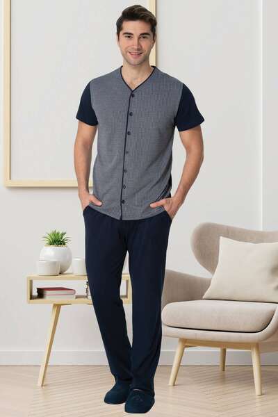 Lacivert Kısa Kollu Önden Düğmeli Erkek Pijama Takım