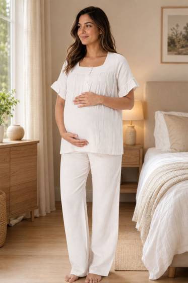 Effortt - Açık Bej Müslin Kumaş Yumuşak Hamile Lohusa Pijama Takımı
