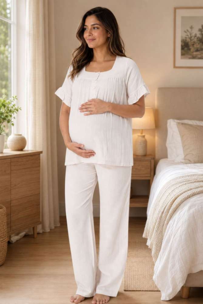 Açık Bej Müslin Kumaş Yumuşak Hamile Lohusa Pijama Takımı